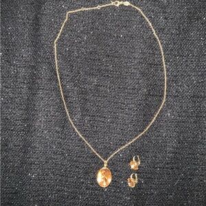 Fossil Gold Necklace with Amber Pendant and Matching Earrings